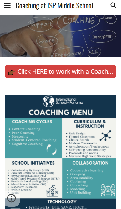 The coaching website home page on a phone, with the Coaching Menu